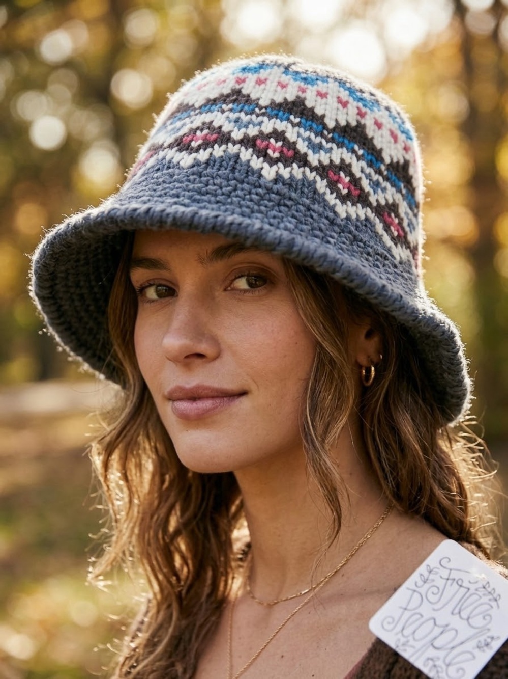Free People Gray Knit Bucket Hat Beanie with Patterned Accents